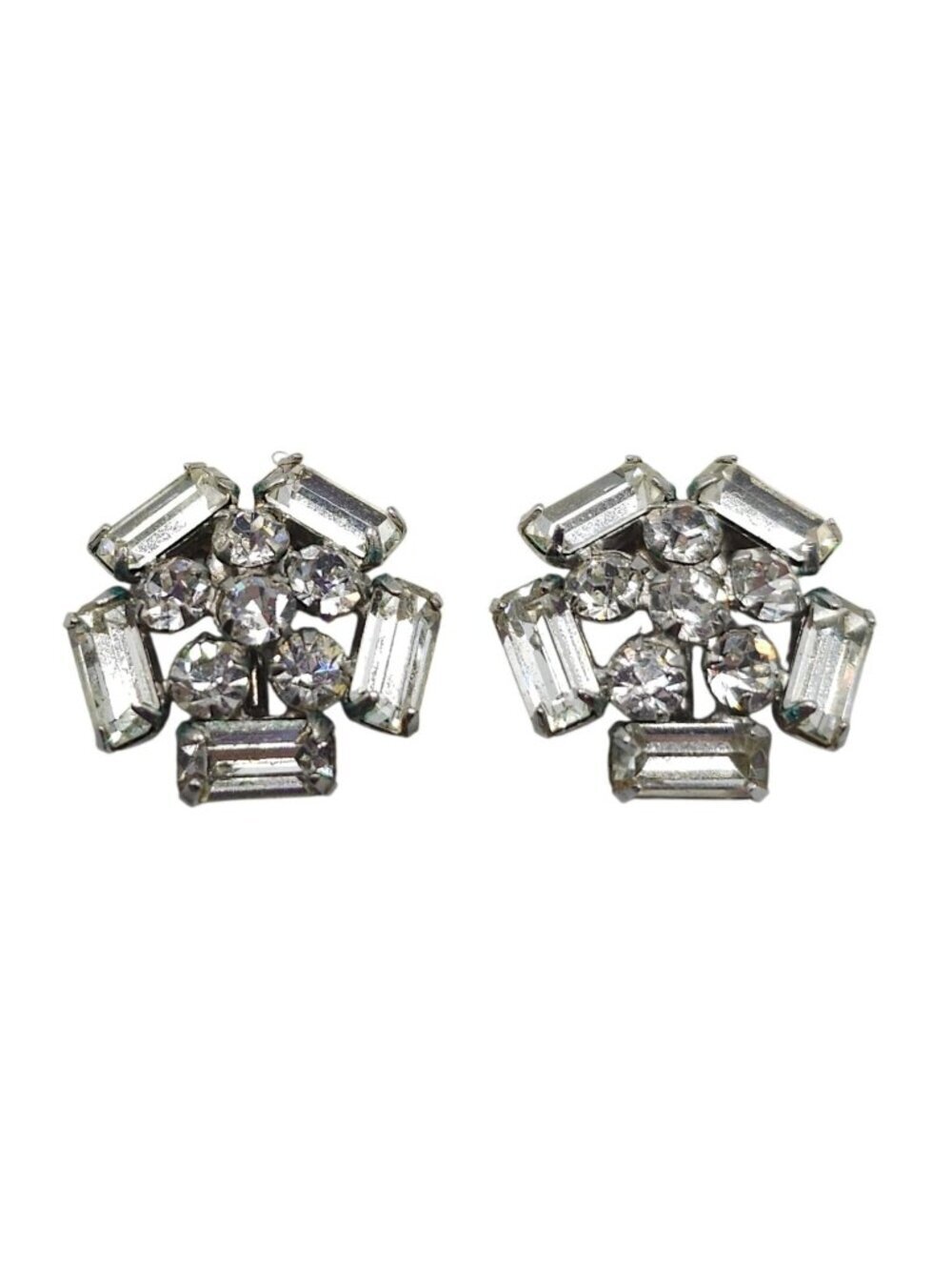 Vintage Rhinestone Screw Back Earrings Floral Shape Silver Tone Sparkling